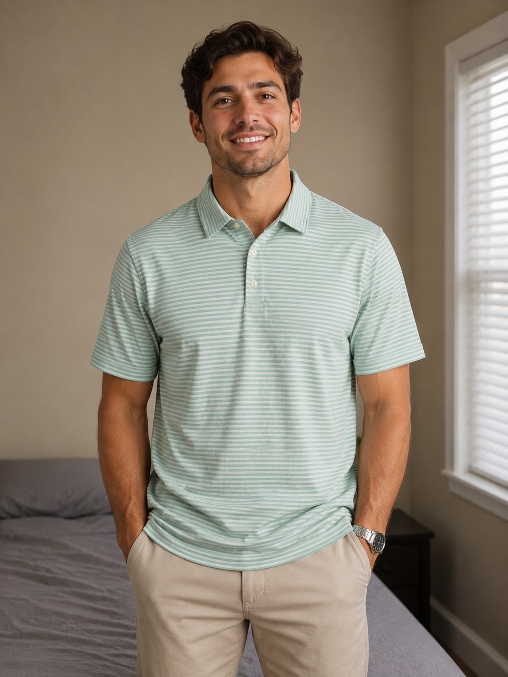 Hickey Freeman Men's Mint Green Striped Polo Shirt Large